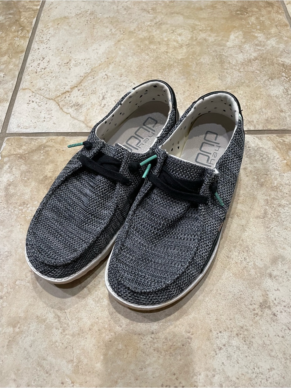 Hey Dude Gray Knit Slip-Ons with White Interior and Black Dot Accents